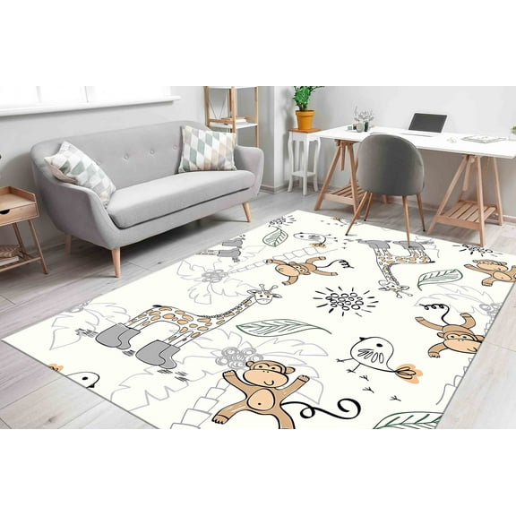 Kids Animals Rugs, Baby Room Rug, Soft Tones Rugs, Kids Rugs, Door Mat, Nursery Rug, Giraffe Rug, Salon Rug, Gift For Her, Cute Monkey Rug, 3.3'x5' - 100x150 cm