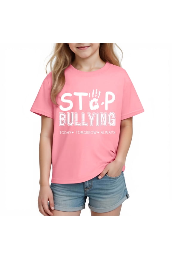 Kids Anti Bullying T-Shirt for Girls Pink Short Sleeve Graphic Tee Stop Bullying Kindness Shirt Youth Positive Message Top Soft Cotton,Size 5 T
