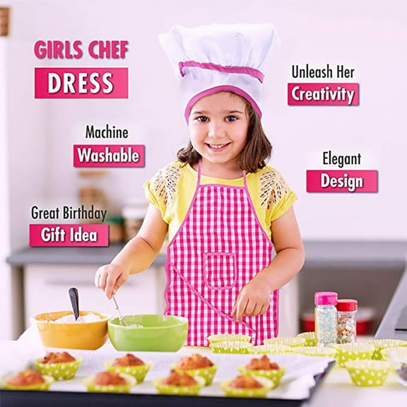 Kids Apron and Chef Hat Set - Adjustable Polyester Apron with Elastic Chef Hat, Cooking & Painting Party Accessories for Children Ages 4-12, Includes Thermal Pad & Oven Glove (Yellow/White)