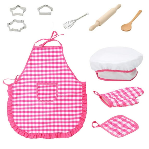 Kids Apron and Chef Hat Set for Cooking & Painting Role Play, Polyester Fabric, Washable, Adjustable Straps, Includes Baking Accessories for Ages 4-12