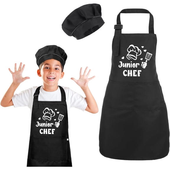 Kids Apron and Chef Hat Set, Funny Apron (Junior CHEF) Adjustable Child Apron with 2 Pockets Waterproof Chef in Training Gifts for Boys and Girls 64 x 45 cm