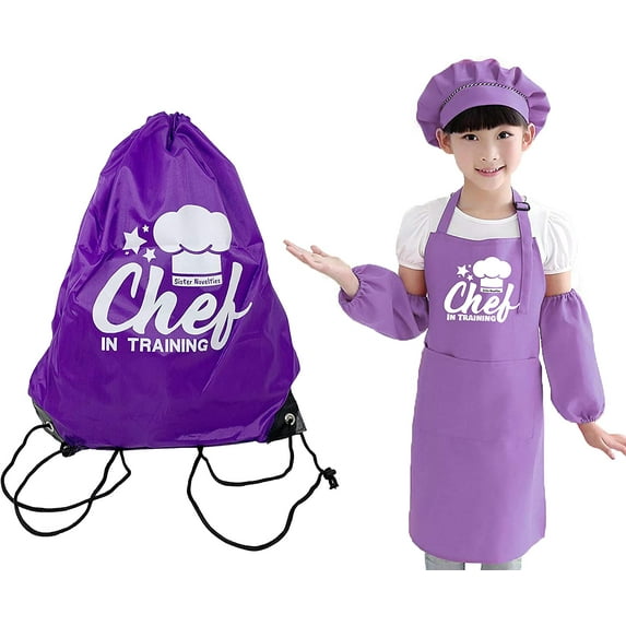 Kids Aprons for Cooking and Baking with Draw String Bag - 5 Piece Set