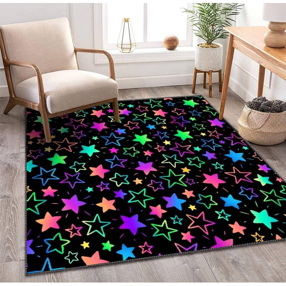 Kids Area Rugs Background With Bright Neon Stars 3D Rugs For Playroom Bedroom Classroom Decor Yoga Mat Non-Slip Floor Outdoor Mat Carpets For Kids 3x5ft