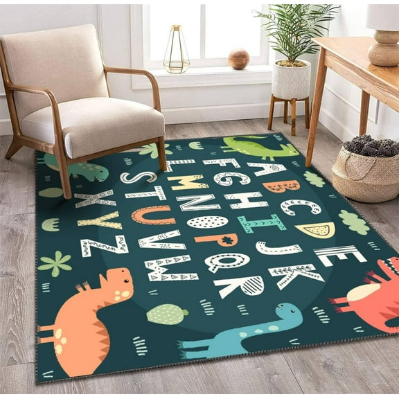 Kids Area Rugs Funny Alphabet With Cute Dinosaurs Educational For Children 3D Rugs For Playroom Bedroom Classroom Decor Yoga Mat Non-Slip Floor Outdoor Mat Carpets For Kids 5x6ft