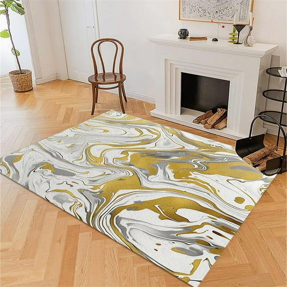 Kids Area Rugs Washable Home Modern Rugs Soft Non-slip Carpets Marble Swirls Fluid Luxury Area Rug For Living Room, Bedroom And Indoor Decoration, Kitchen Floor Mat, Gold Silver-4x6ft