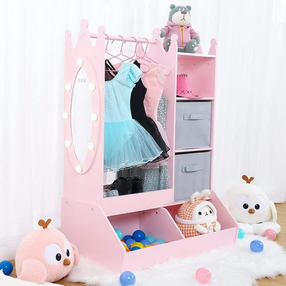 Kids Armoire, Dress Up Storage, Dress Up Closet with Mirror, Open Sheves, Storage Bins and 3 Hooks, Pretend Storage Closet Kids Costume Organizer Center with Touch Sensor Lights for Girls Room