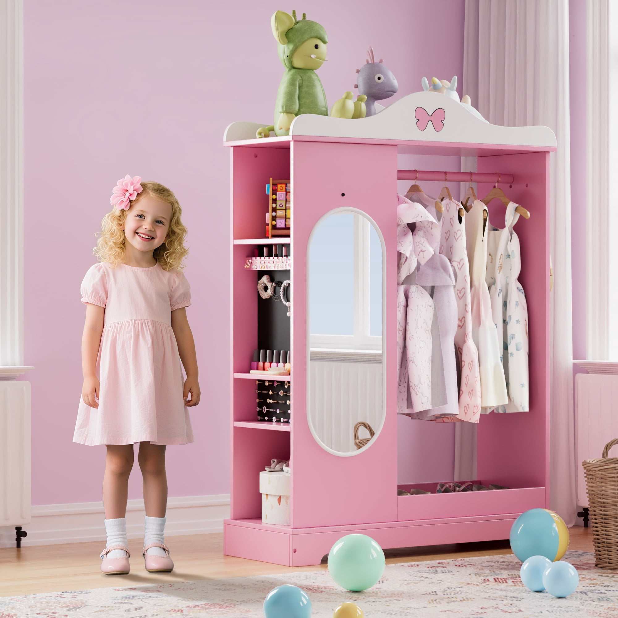 Kids Armoire with Mirror for Girls, Jewelry Cabinet & Dress-Up Center ...