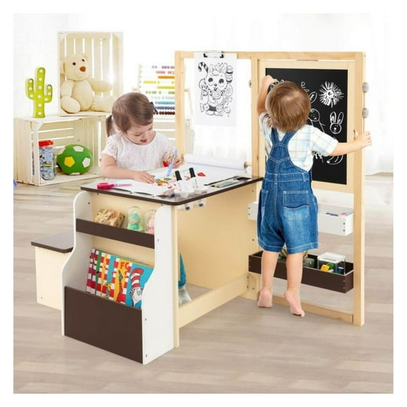 Kids Art Center Table & Bench Set, Wooden Easel for Toddlers - Multifunctional Art Desk with Storage, Chalkboard & Whiteboard, Adjustable Height - Play, Learning & Drawing for Ages 3+