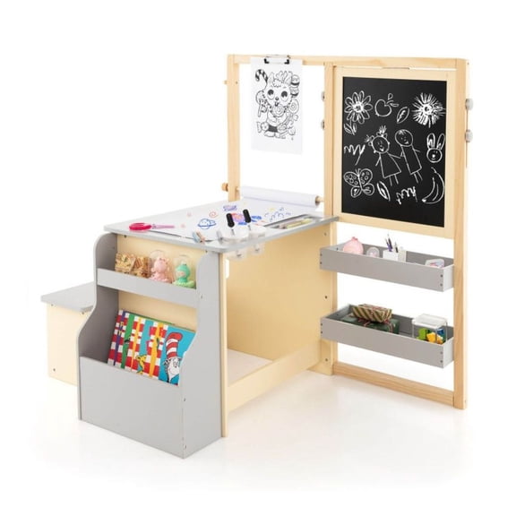 Kids Art Center Table Bench Set - Wooden Kids Table & Chair Set with Easel, Art Supplies, Storage - Drawing Table for Toddlers, Brown/Gray