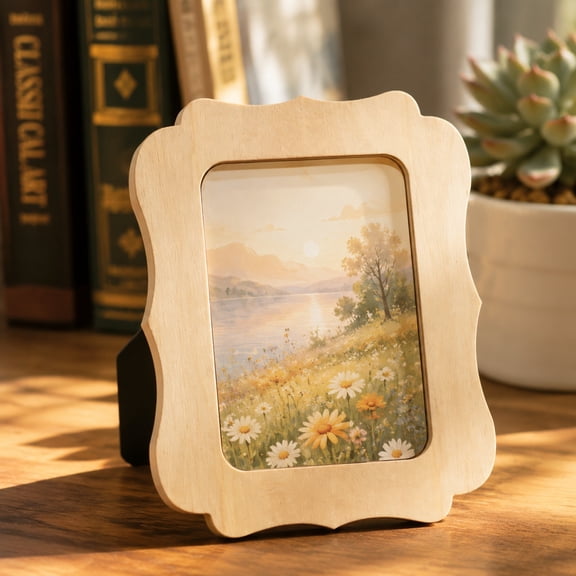 Kids Art Display Frame, Wood Picture Frame, 8X6 in Frame for Student Artwork Changeable, Picture Frame Stands for Display, Unfinished Wood Wave-Edged Tabletop Frame for Showcasing