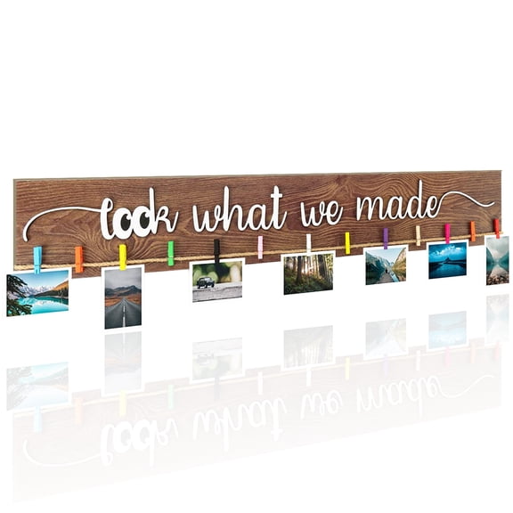 Kids Art Display Sign with Clips Look What We Made Wood Artwork Wooden Hanging Organizer Board for Children's Artwork, Photos Playroom Nursery Wall Decor (36.5x5.4 Inch) Children's Gifts