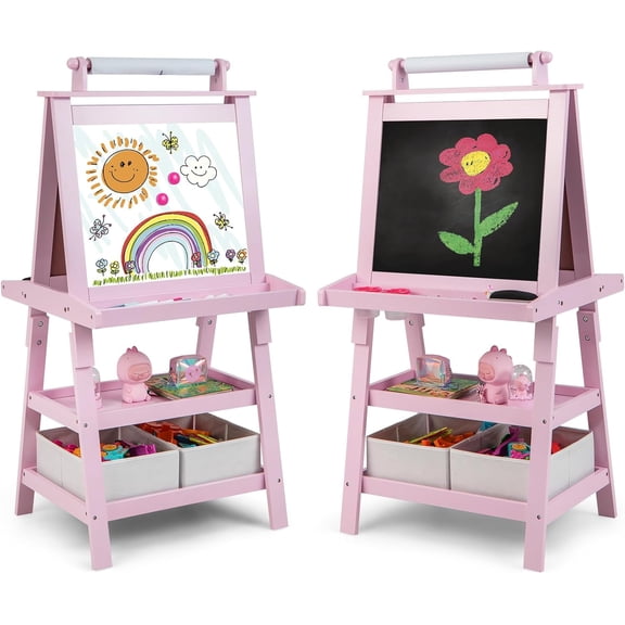 Kids Art Easel, 3 in 1 Double-Sided Painting Easel w/Magnetic Whiteboard, Chalkboard & Paper Roll, 2-Tier Storage Rack & 2 Boxes, Standing Easel for Kids, Toddlers, Gift for Boys, Girls