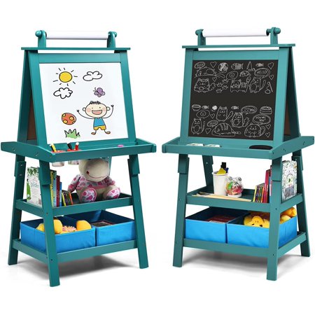 Kids Art Easel, 3 in 1 Double-Sided Storage Easel w/Whiteboard, Chalkboard & Paper Roll, 2-Tier Rack w/ 2 Storage Boxes, Large Capacity Tool Tray for Toddlers (Blue)