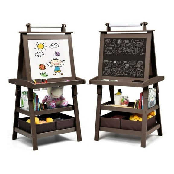 Kids Art Easel 3-in-1 Double Sided, MDF Wood Standing Easel with Paper Roll, Storage Shelves & Bins, Anti-Spill Cups - Classroom, Preschool, Playroom, Ages 3+