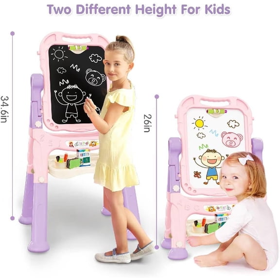 Kids Art Easel, Adjustable Drawing Whiteboard & Chalk Board, Double Sided Toddler Easel with Painting Accessories, Birthday Gift Toy for Little Girls Boy Age 2 3 4 5 (Pink)