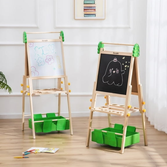 Kids Art Easel with Storage Drawer & Paper Roll – Adjustable Wooden Double Sided Magnetic Easel for Kids Chalkboard Whiteboard Toddler Easel for Boys Girls Ages 3+