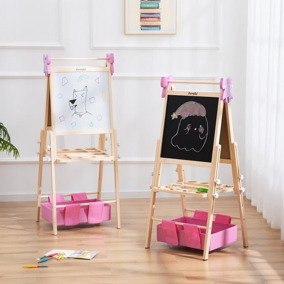 Kids Art Easel with Storage Drawer & Paper Roll – Adjustable Wooden Double Sided Magnetic Easel for Kids Chalkboard Whiteboard Toddler Easel for Boys Girls Ages 3+
