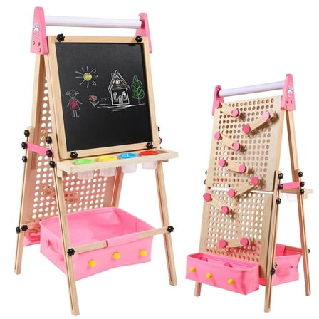 RLUETIME Adjustable Wooden Kids Art Easel with Magnetic Chalkboard, Paper Roll, and Storage