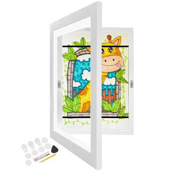 Kids Art Frame | ATOBART Front Opening Kids Artwork Frames Picture Storage Frames Crafts Drawing Hanging Art Display for A4(White)