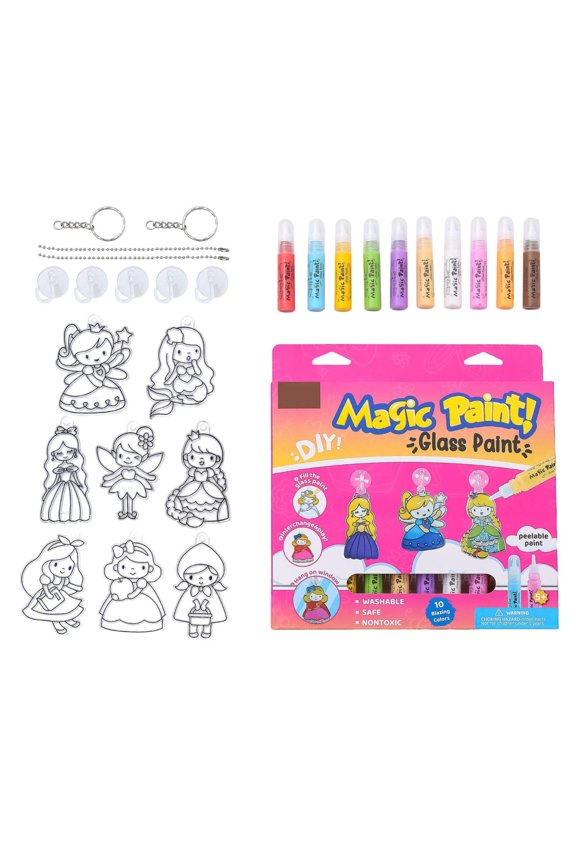 Kids Art Set, Magic Paint Set, Suncatcher Kit, Key Chain Making Kit, Includes 10 Peelable Glass Paint Markers, 8 Clear Princess Themed Hanging Blanks, 2 Keychain Chain Sets, and 5