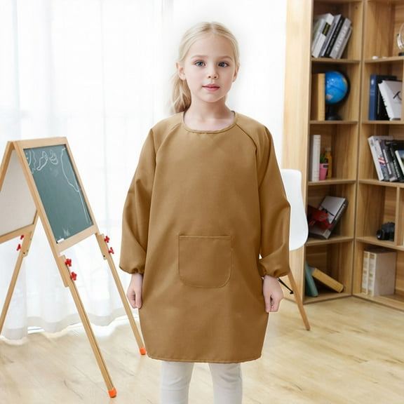 Kids Art Smock, Apron with Pocket for Children, Artist Painting Aprons (Khaki 8-12 Years)
