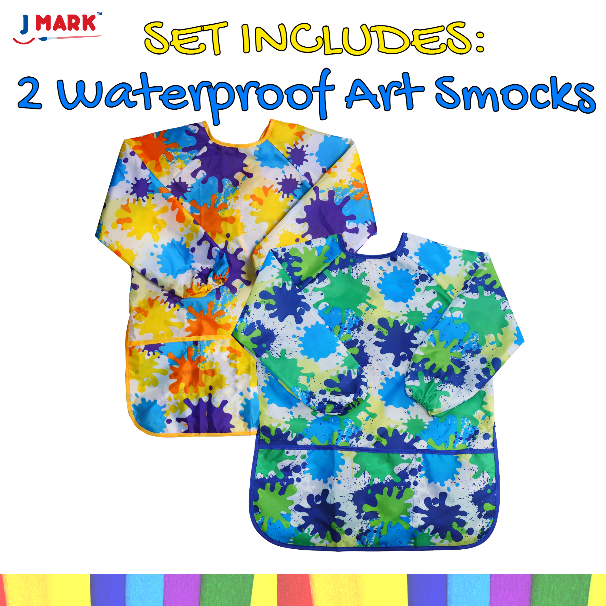 J MARK Art Smock for Kids, Painting Apron (Pack of 2) Long Sleeve and 2  Pockets for Baking, Eating, Arts & Crafts for Children A
