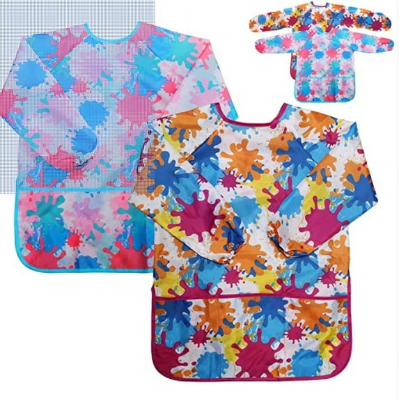 Kids Art Smock Painting Apron - (Pack of 2) Long Sleeve and 2 Pockets for Baking, Eating, Arts & Crafts for Children Ages 2-8 - Waterproof Artist Paint Shirt Colorful