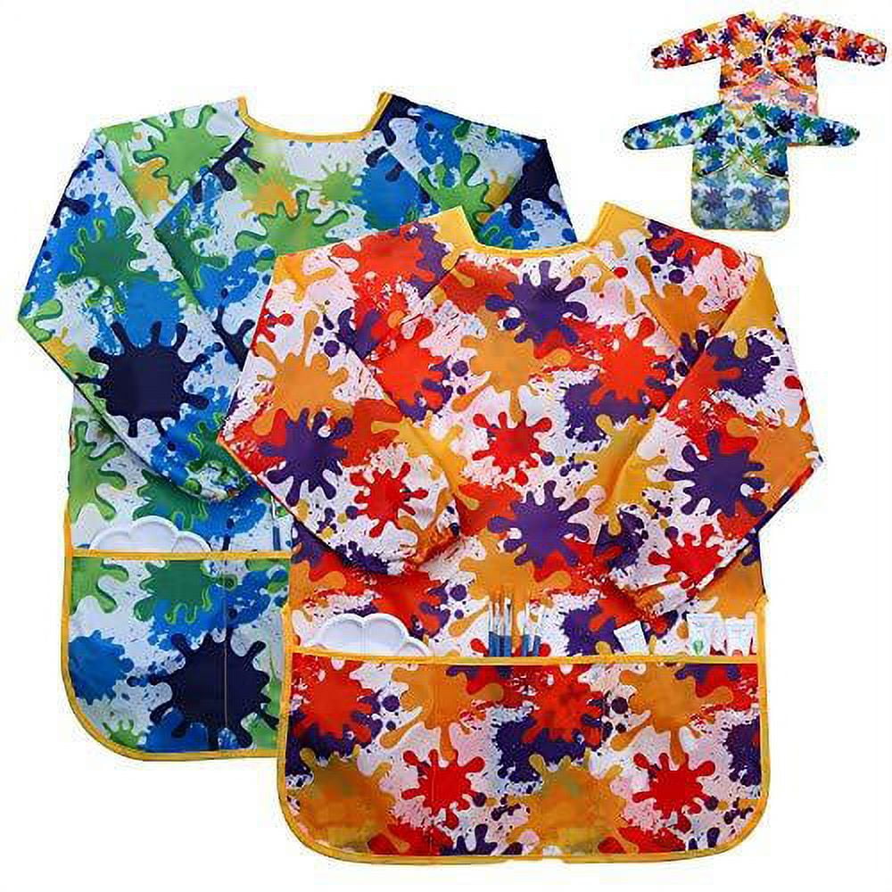 Kids Art Smock Painting Apron (Pack of 2) Long Sleeve and 2 Pockets for Baking, Eating, Arts