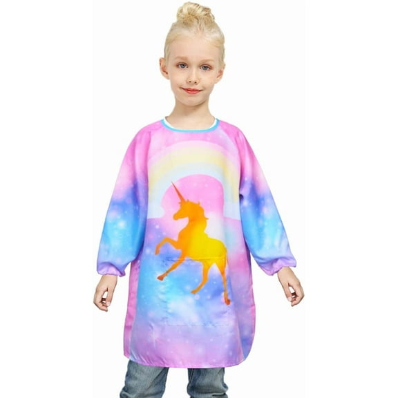 Kids Art Smock Unicorn Painting Artist Apron Waterproof Paint Smocks Girls Boys Long Sleeve with Pocket for Child 8-12 Years