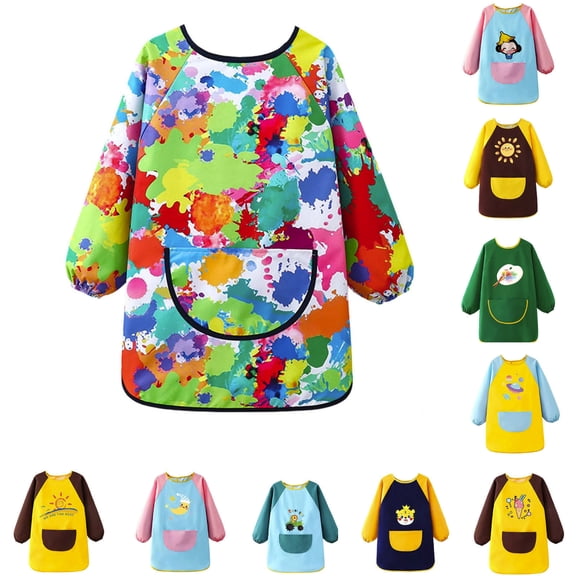 Kids Art Smocks Boys Long Sleeve Crew Neck Cartoon Print Waterproof Painting Apron Casual Tops Size L