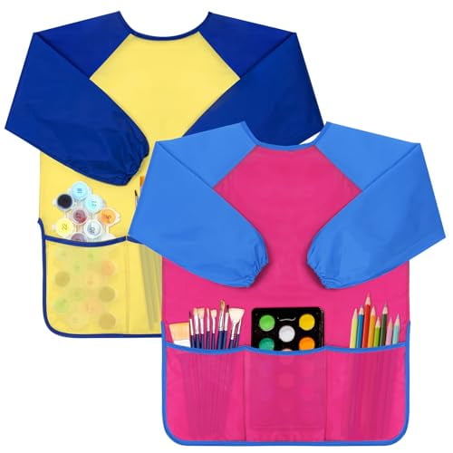 Kids Art Smocks Toddler Smock Waterproof Artist Painting Aprons Long Sleeve with 3 Pockets for Age 2-6 Years