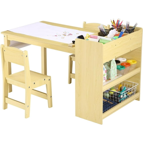 Kids Art Table and 2 Chairs, Craft Table with Large Storage Shelves,Wooden Drawing Desk Activity & Crafts Children's Wooden Furniture for Classroom Daycares,Home, Off-white