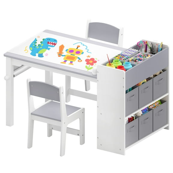 Kids Art Table and Chair Set, Craft and Play Wood Activity Table with Storage Bins and Paper Roll, Toddler Desk for Playroom/Nursery/Home, Kids Table and Chairs Set for Drawing/Learning/Read