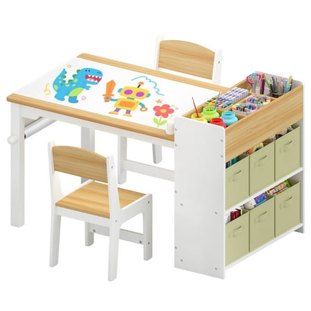 Kids Art Table and Chair Set, Craft and Play Wood Activity Table with Storage Bins and Paper Roll, Toddler Desk for Playroom/Nursery/Home, Kids Table and Chairs Set for Drawing/Learning/Read