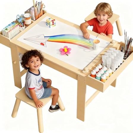 Kids Art Table and Chair Set, Kids Craft Table with Storage, Toddler Activity Play Desk and 2 Chairs Set,Wooden Art Drawing Desk with Paper Roll for Children Painting, Learning,Reading,Eating