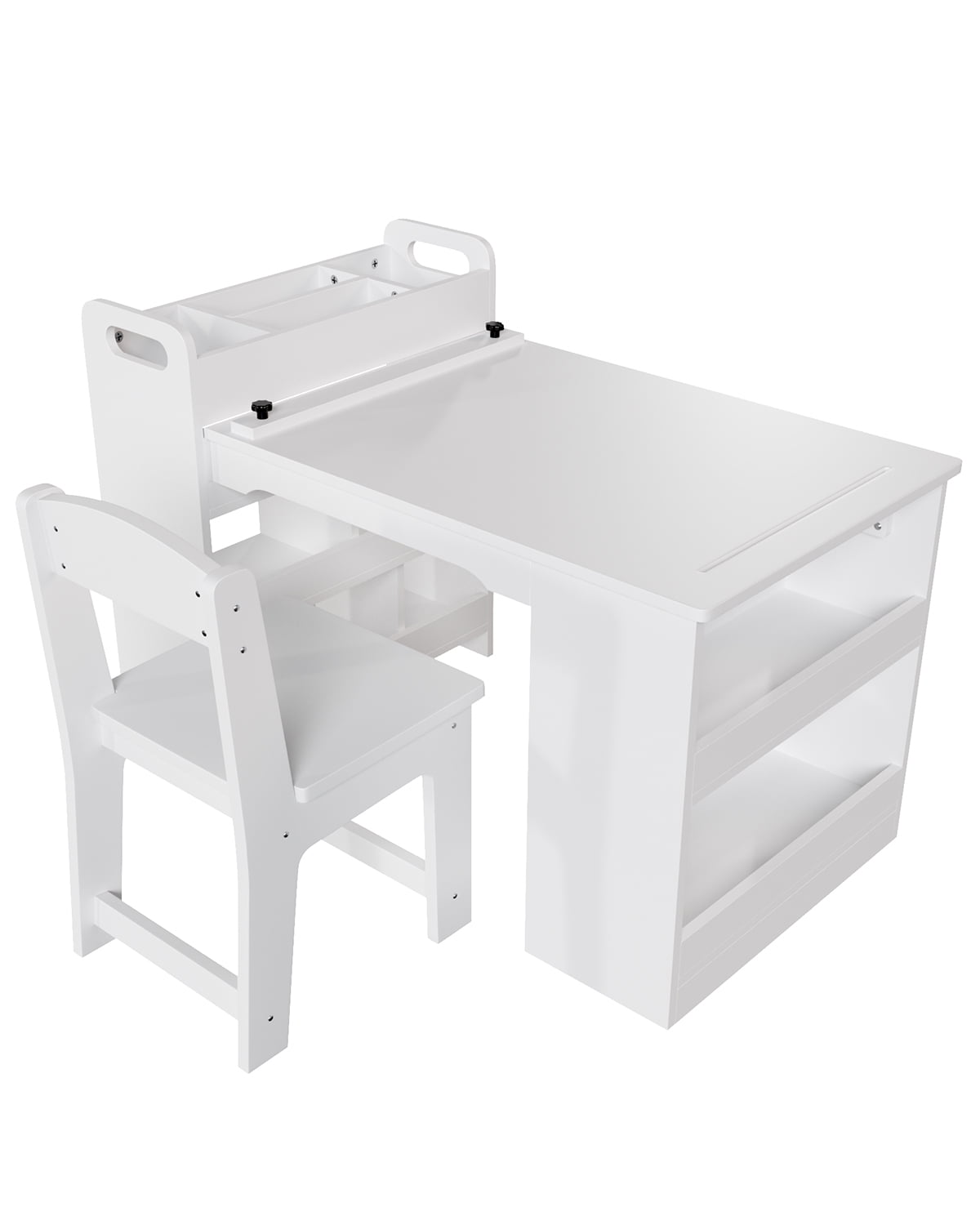 Kids Art Table and Chair Set with Storage Shelves & Paper Roll – Large Wooden Craft & Activity Desk for Drawing, Painting, Learning, Reading – 3-Piece Set – White