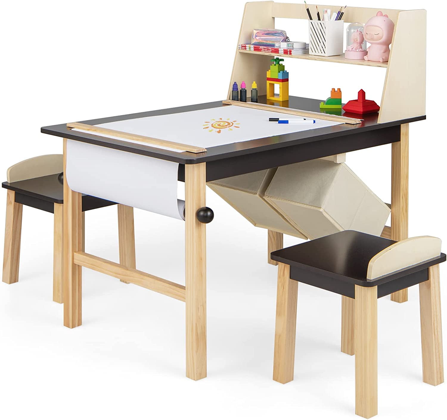 Kids Art Table and Chair Set, Wooden Drawing Painting Craft Center with Paper Roll, 2 Markers, 2 Storage Bins, Kids Activity Play Table with 2 Stools for Boys Girls Ages 3+ (Brown)