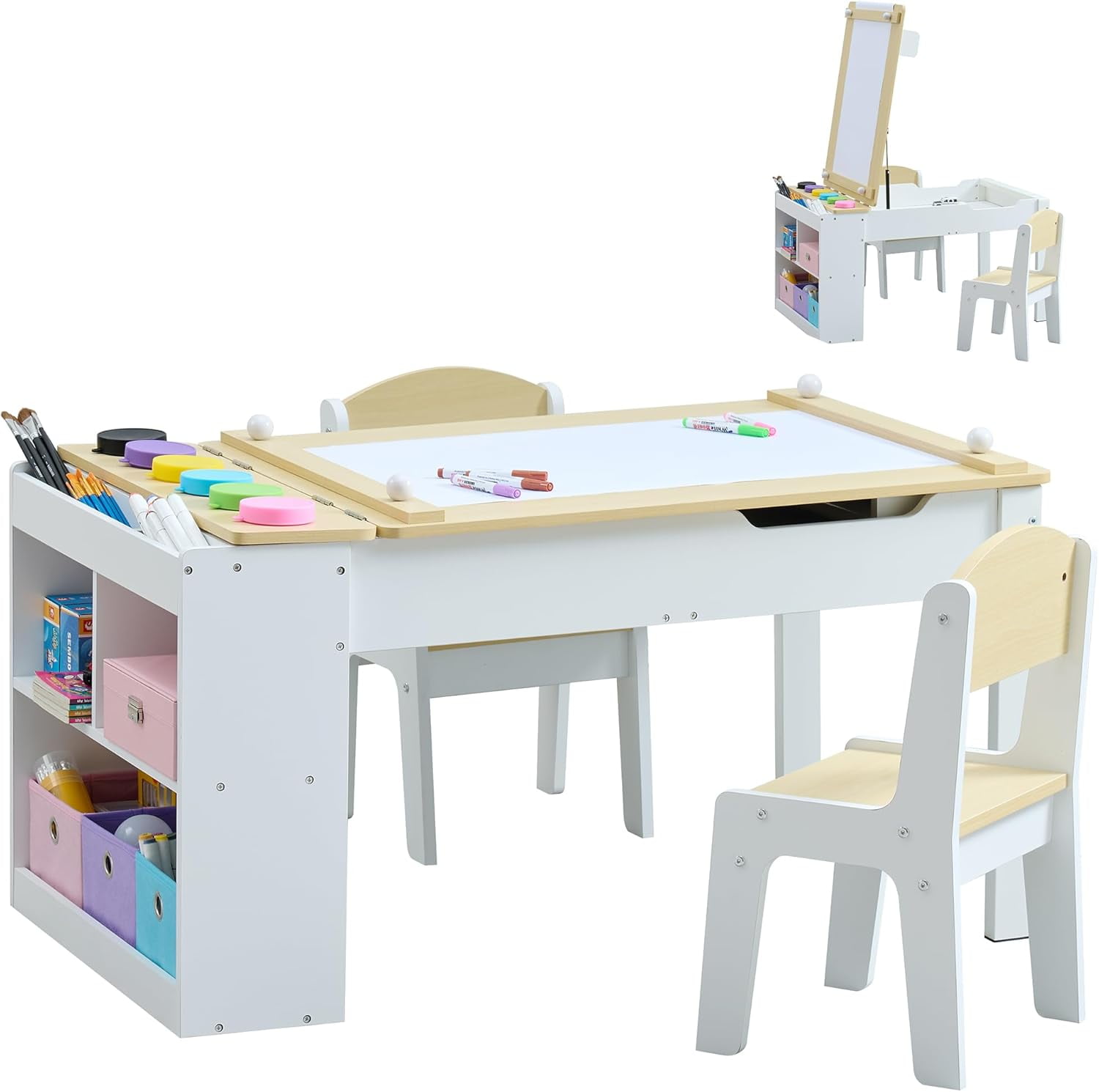 Kids Art Table Set with Chairs, 3-in-1 Kids Art Easel & Craft Desk for Coloring Drawing, Activity Table with 6 Paint Cups, 6 Storage Bins & Paper Roll Holder