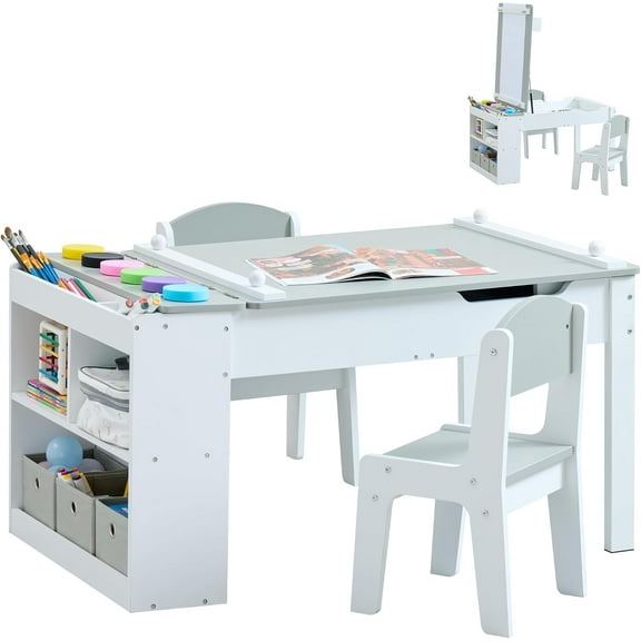 Kids Art Table Set with Chairs, 3-in-1 Kids Art Easel & Craft Desk for Coloring Drawing, Activity Table with 6 Paint Cups, 6 Storage Bins & Paper Roll Holder