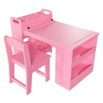 Kids Art Table Set, Craft Table with Large Storage Shelves,Toddler Wooden Drawing Desk with 2 Chairs, Activity & Crafts Children's Wooden Furniture for Classroom Daycares, Pink