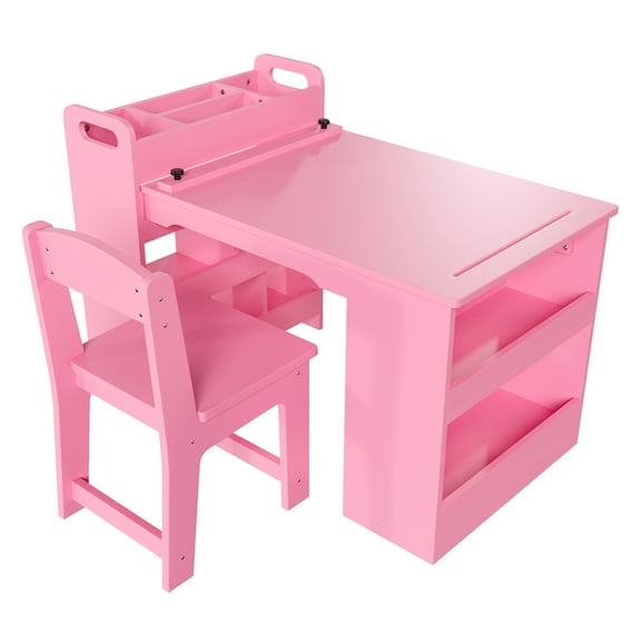 Kids Art Table Set, Craft Table with Large Storage Shelves,Toddler Wooden Drawing Desk with 2 Chairs, Activity & Crafts Children's Wooden Furniture for Classroom Daycares, Pink