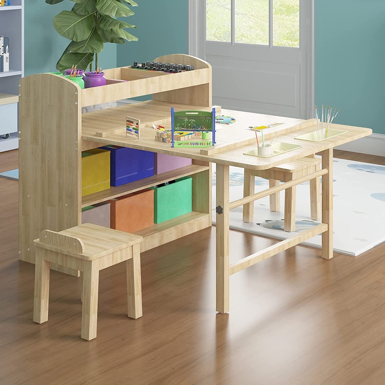 Kids Art Table and 2 Chairs,Kid Craft Table with Supplies Storage