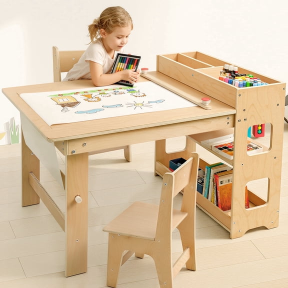 Kids Desk and Chair, Toddler Play Table with Storage Shelves, Wooden Activity Art Desk for Drawing Playrooms Daycare Classroom