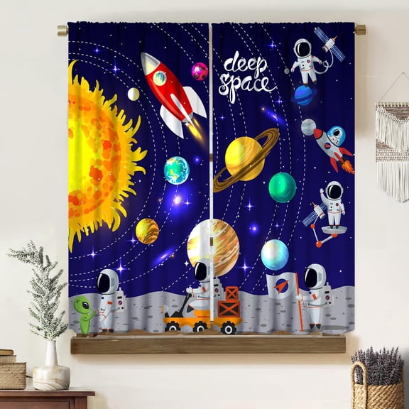 Kids Astronaut Blackout Curtains, Creative Cartoon Fun Space Sun Planet Galaxy Astronauts Print Rod Pocket Window Treatments Drapes for Kidsroom Nursery Boys Bedroom 84" W X 84" L