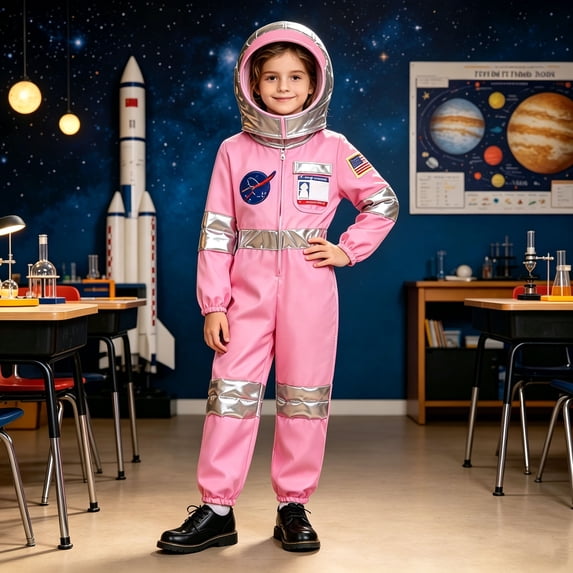 Kids Astronaut Costumes Spacesuit for Boys Girls Metallic Pink Space Themed Jumpsuit Set with Gloves Hat Fall Outfits