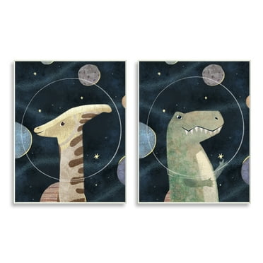 Kids' Astronaut Dinosaurs Fantasy Planet Reptiles Deep Blue 13 in x 19 in Framed Painting Art Prints, by Stupell Home Décor Set of 2