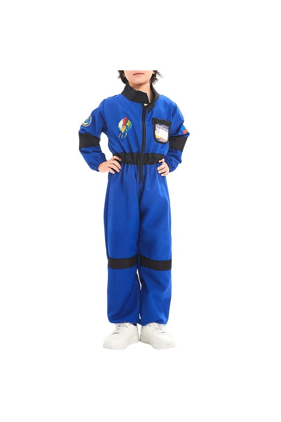 Kids Astronaut Outfit Suit Blue Jumpsuit with Black Belt and Patches Complete Outfit for Role Play Space Themed Parties and Performance Wear