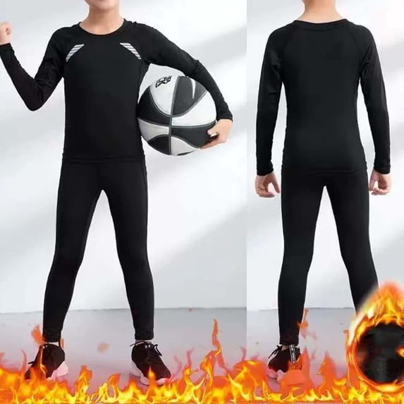 Kids Athletic Compression Set Long Sleeve Base Layer Top And Pants For Basketball Soccer Training Workout Activewear,Black,28