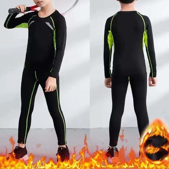 Kids Athletic Compression Set Long Sleeve Base Layer Top And Pants For Basketball Soccer Training Workout Activewear,Green,28