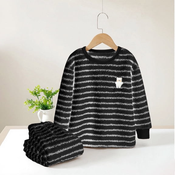 Kids Autumn-Winter Sherpa Pajama Set â Striped Warm Sleepwear with Bear Embroidery (3-16Y Cozy Unisex Loungewear & Nightwear Suits)